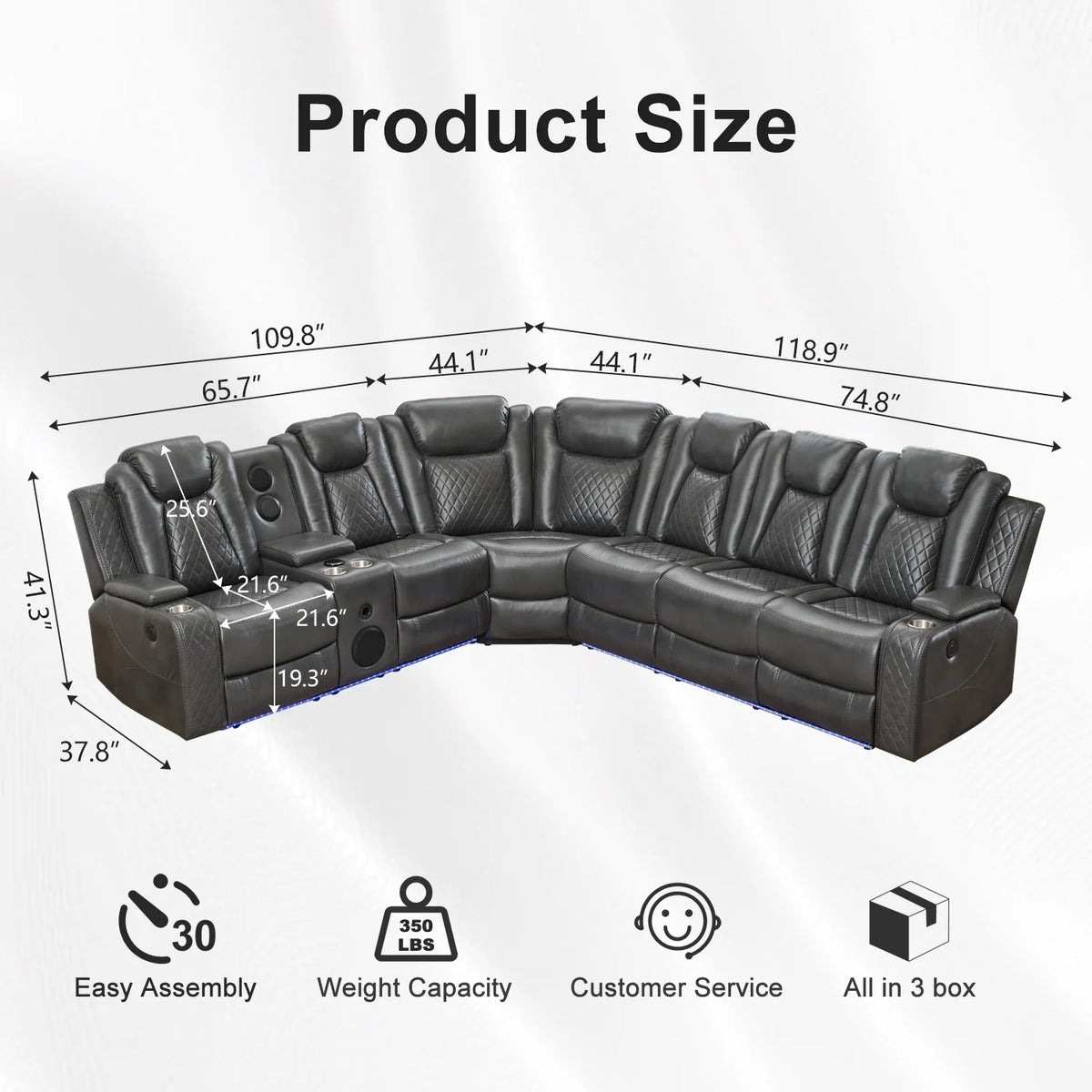 Othniel Power Reclining Sectional Couch with Bass Speaker,Wireless Charger,LED/Reading Light Gray