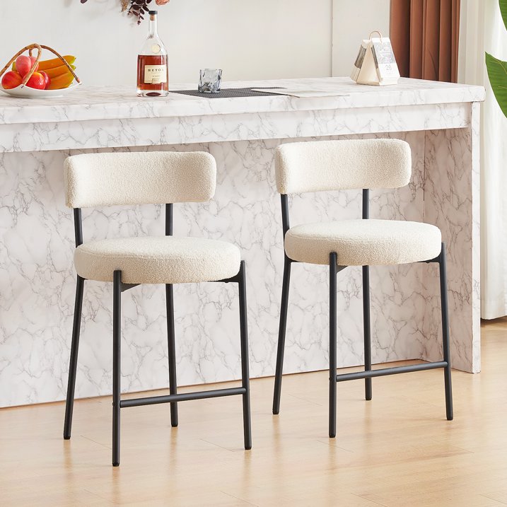25 H Counter Height Bar Stools, Bar Stools Set of 2 with 4 Thick Round Seat, Kitchen Counter with Curved Back for Dining Room Kitchen Island, Ivory White