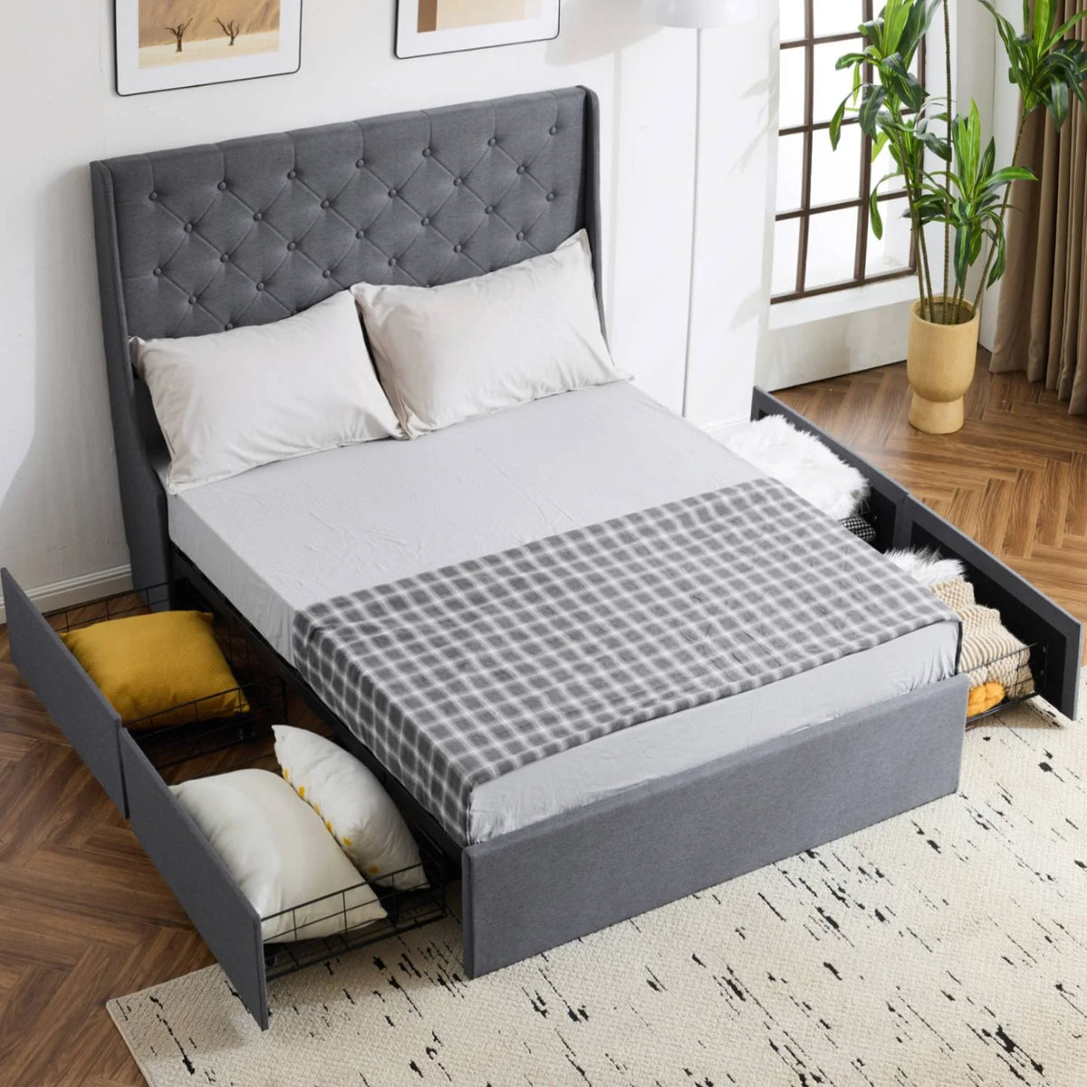 Zimtown Upholstered Full Platform Bed Frame w/ 4 Drawers, No Box Spring Needed, Gray