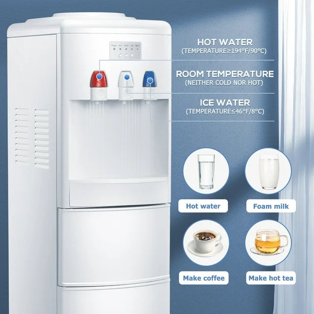LHRIVER 5 Gallon Water Cooler Dispenser with Built-in Ice Maker, Top Loading Water Dispenser 3 in 1 Hot/Cold/Room Temperature, Child Lock, White