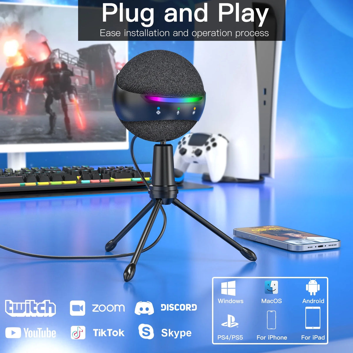 ZealSound Microphone for iPhone,USB mic for PC gaming,Phone,Touch Mute,Active Noise Cancel microphones with Echo/RGB/Volume Gain,Real Time Monitor,Podcast,ASMR Gaming Zoom YouTube Discord Twitch Vide