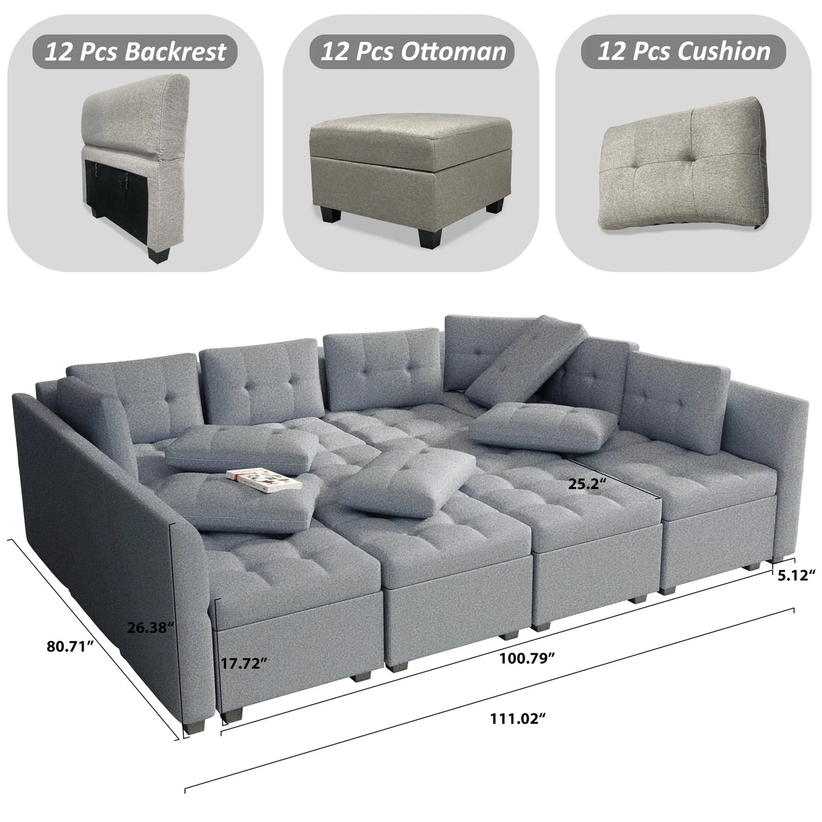 HYEASTR Modular Sectional Sofa with Storage Ottoman, 12 Seats Convertible Sofa with Adjustable Angle Armrest/Backrest, U Shape Sectional Couch Set, Sleeper Couch, Grey