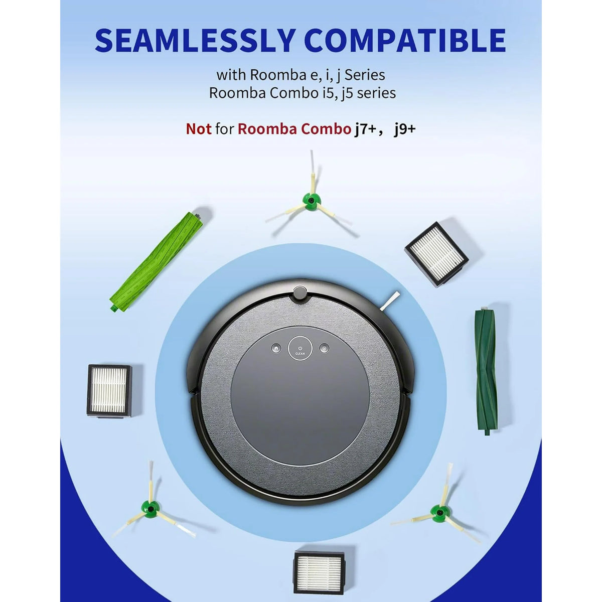 Replacement Parts and Accessories Kit Compatible for iRobot E, I J Series, Combo i5, j5 Series Robot Vacuum Cleaner, 1 Set Rubber Brushes 3 HEPA Filters 3 Edge Sweeping Brushes