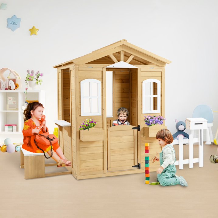 iYofe Outdoor Playhouse, Wooden Kids Playhouse with Working Door, Windows, Mailbox, Bench, Flowers Pot Holder, Toddler Playhouse for Kids Outdoor Indoor Playset for Kids 3-6 Years Old, Natural