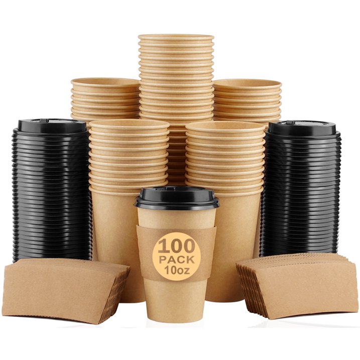 100 Pack 10 oz Paper Coffee Cups, Disposable Coffee Cups with Lids and Sleeves for Home and Cafes.