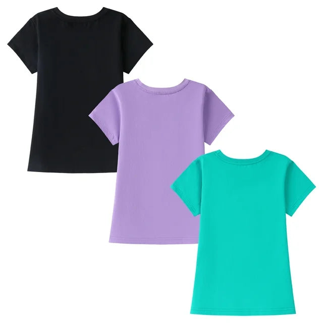 HILEELANG Little Girl Short Sleeve Tees Summer Easter Purple Black Green Girl Cotton Tops Shirts 3 Packs Size 6