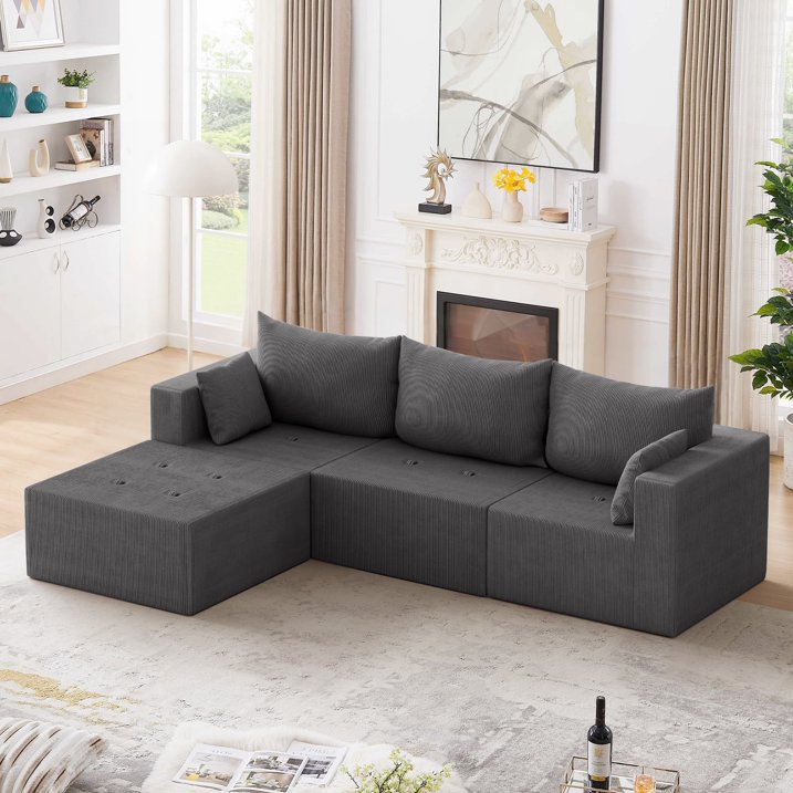 104 Modular Sectional Sofa, L Shape Sectional Sofa Couch with Deep Seat, Free Combination Corduroy Couches for Living Room, No Assembly Required, Grey