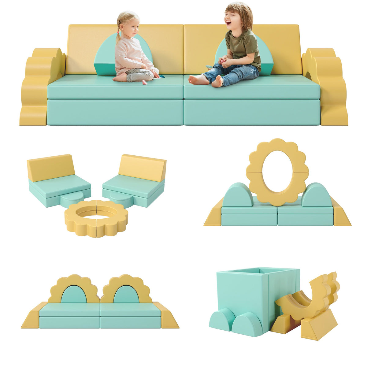 10PCS Modular Kids Play Couch with Climbing Slope, SHINPT PU Leather Toddler Couch Sofa for Home Indoor, Climbing Toys for Toddlers 1 3 Inside, Soft Foam Climbing Blocks for Infant, Kids, Pre school