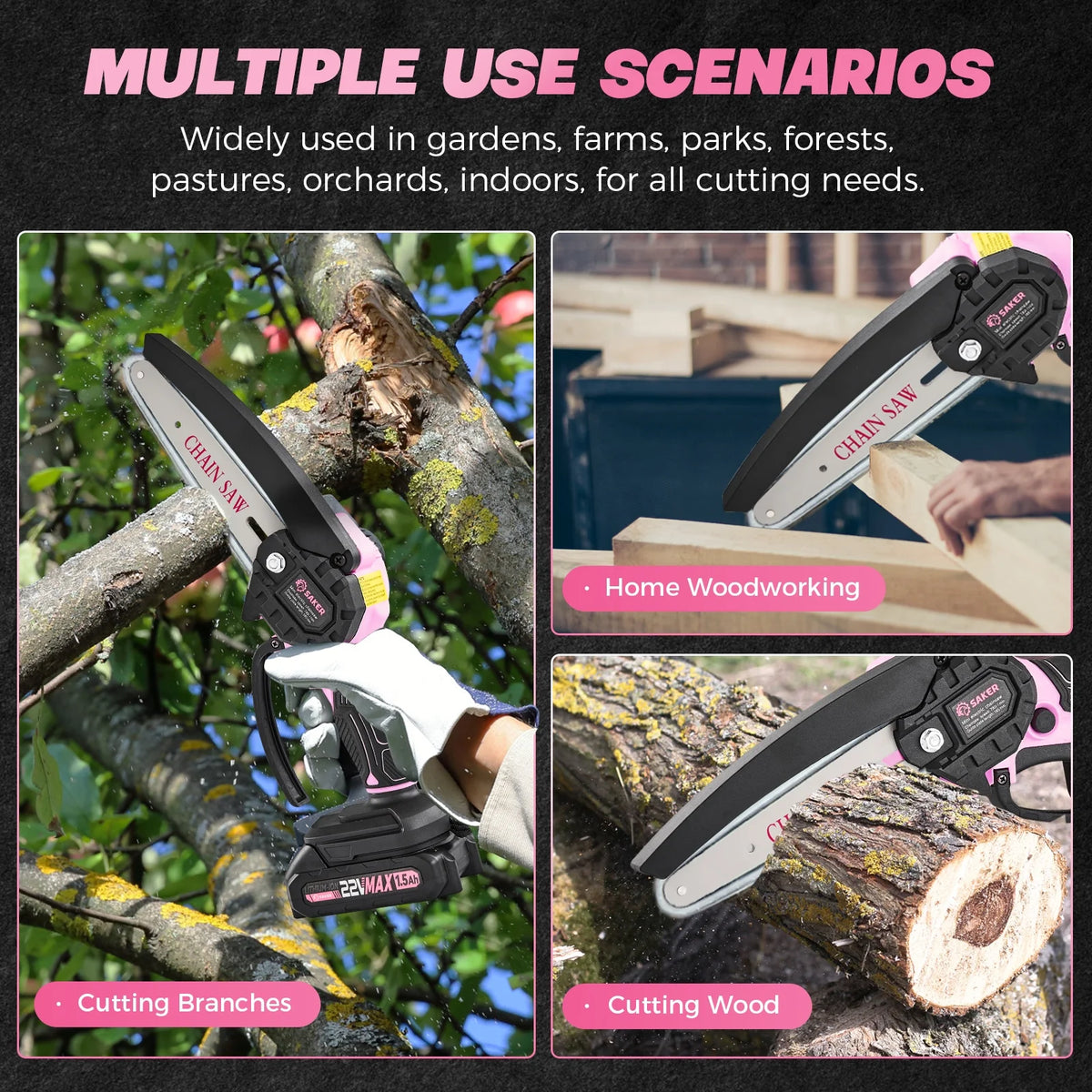 Saker 6 inch Portable Electric Chainsaw with 2 22V 1500mAH Batteries, One Hand Small Chainsaw with Security Lock, Friendly to The Women and Elderly, LED Indicator, Pink