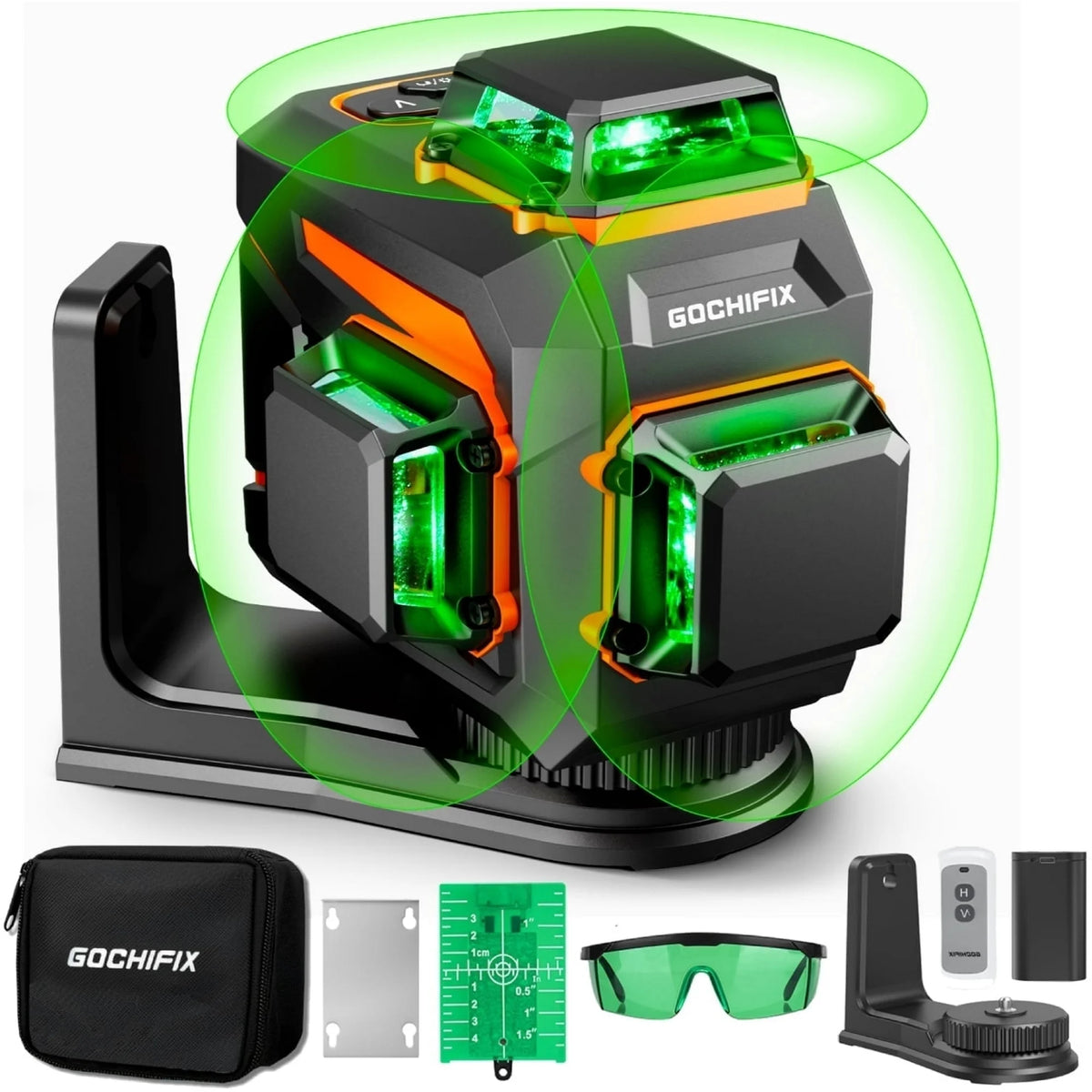 Laser Level, GOCHIFIX 12 Lines 3x360 3 Modes Green Cross Laser Level Self Leveling with 360 Rotating Bracket,Remote Control,Rechargeable Battery and Carry Pouch Included,IP54,100 FT Working Range 