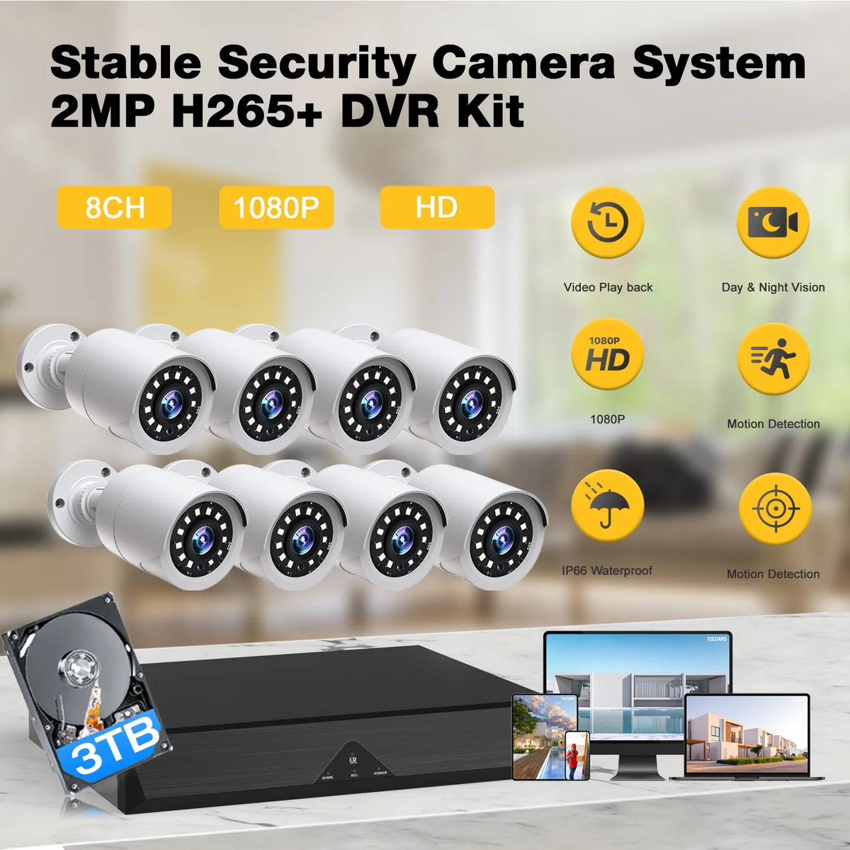 Toguard SC35 8CH CCTV Security Camera System Outdoor with 3TB Hard Drive 8pcs Wired 1080P Bullet Surveillance Cameras HDMI Connector