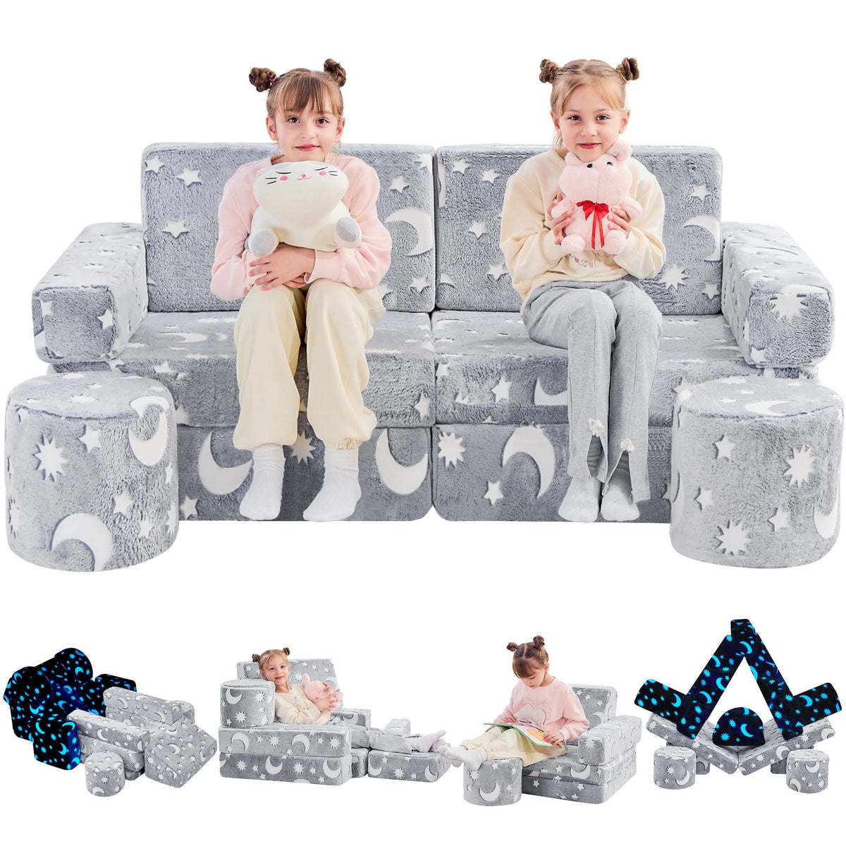 Toddler Couch, Glow in The Dark Kids Play Couch Toddler Fold Out Couch, Kids Fold Out Couch for playroom, Convertible Baby Fold Out Play Foam and Floor Cushion for Bedroom