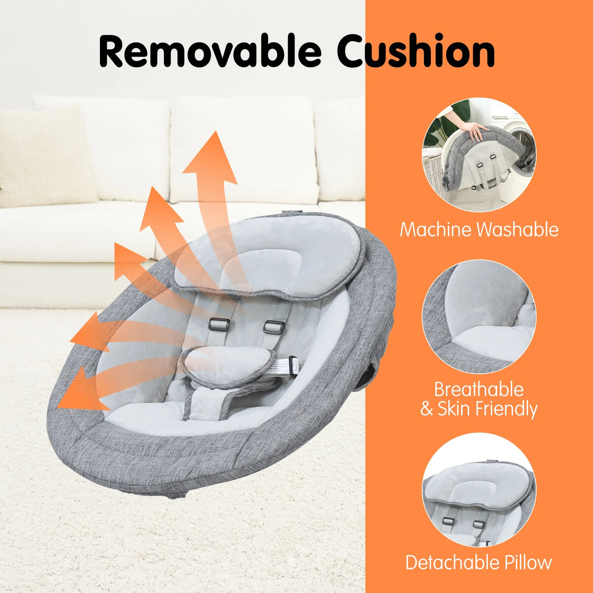 Aprpink 5 in 1 Large Baby Swing Bouncer with Rocking, Mosquito Net&Cute Toys Gray Striped for Toddler, 1 Count