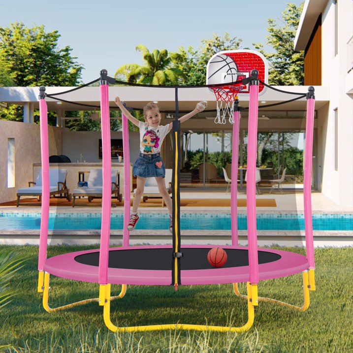 SHINPT 65 Outdoor Indoor Mini Toddler Trampoline with Enclosure Net, Basketball Hoop and Ball Included, Entertainment Trampoline for Backyard, Patio