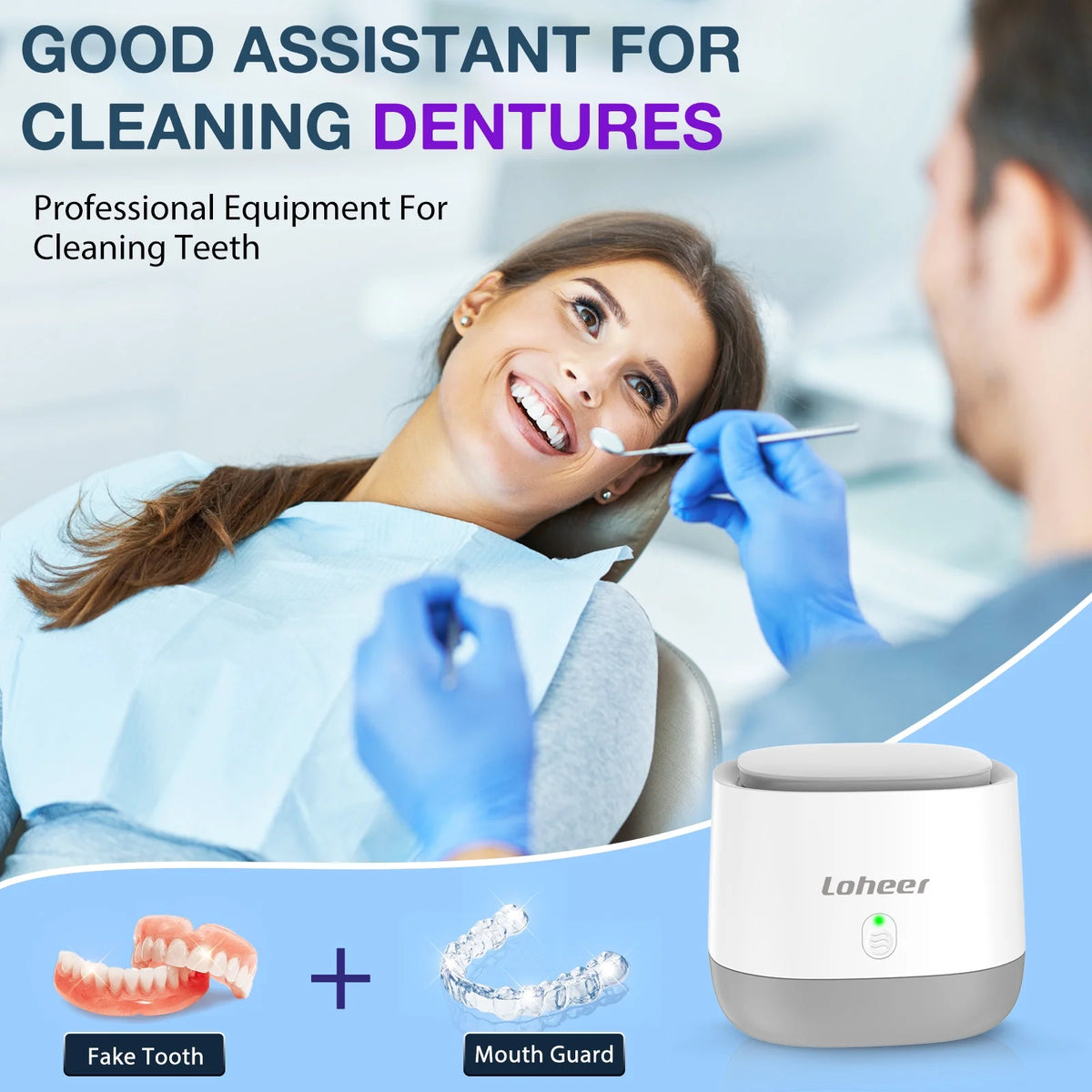 Loheer Ultrasonic Retainer Cleaner Machine, 45kHz Dentures Cleaner for Mouth Guards, Braces, Toothbrush Heads, Jewelry, 4 UV Lights, 250ML Capacity
