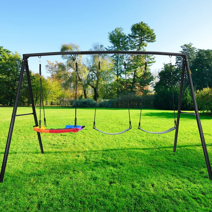 KloKick 500lb Heavy Duty Backyard Swing Set with Saucer Swing 2 Belt Swings, Safe Sturdy Playground Equipment for Family, Ideal for Gardens, Yards Patios