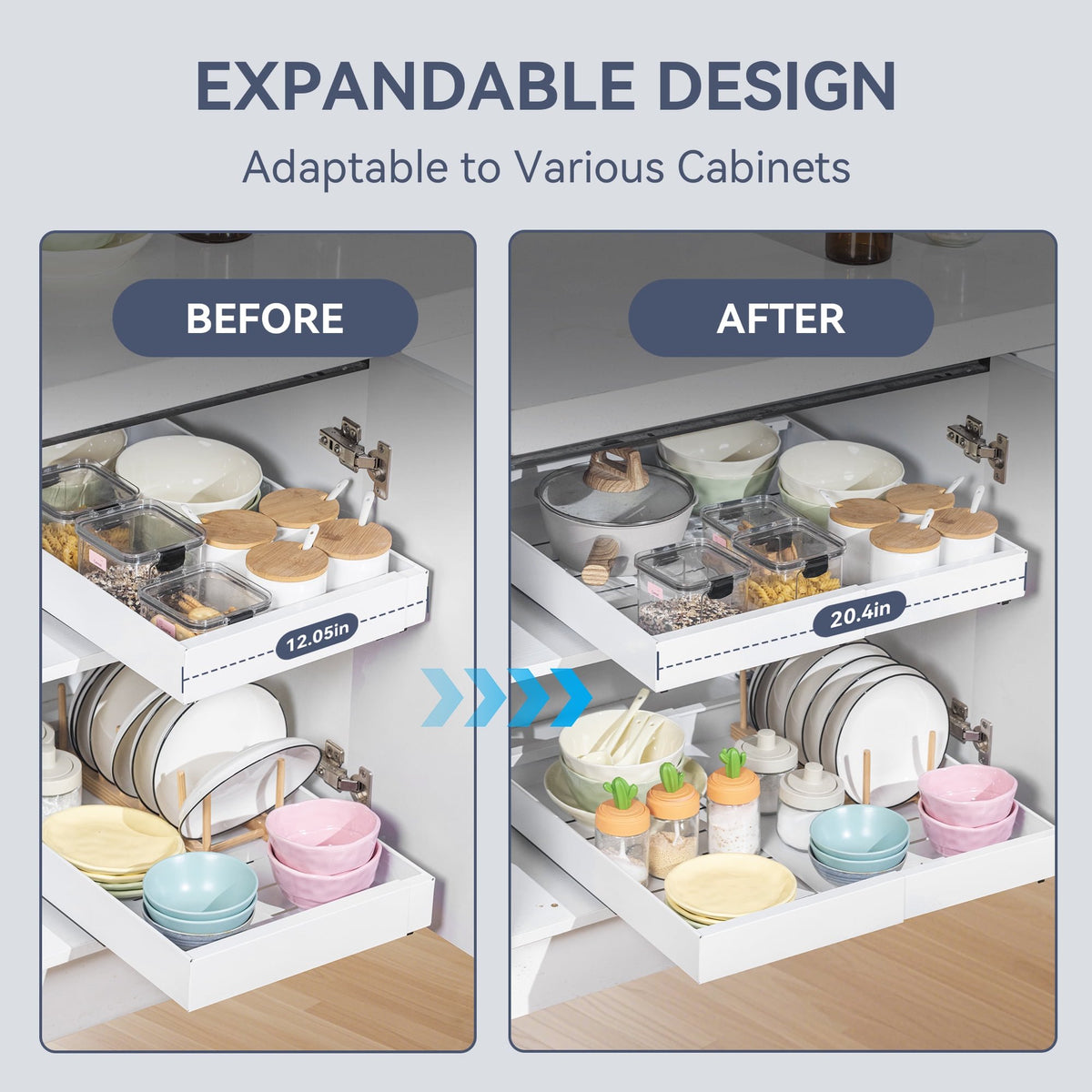 Pull out Cabinet Organizer, Adjustable Width 12.2"-20.1" Expandable Slide out Drawers Storage Rack, Pull-out Shelf Storage for Kitchen Pantry Bathroom Organization (White)