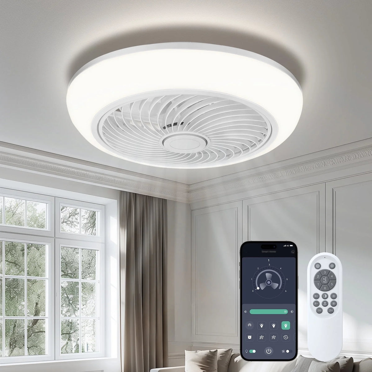 18in Indoor Ceiling Fan with Light, Remote & APP Control, 3 Colors Lighting and 6 Wind Speeds, Invisible Bladeless Ceiling Fan, Timing Setting