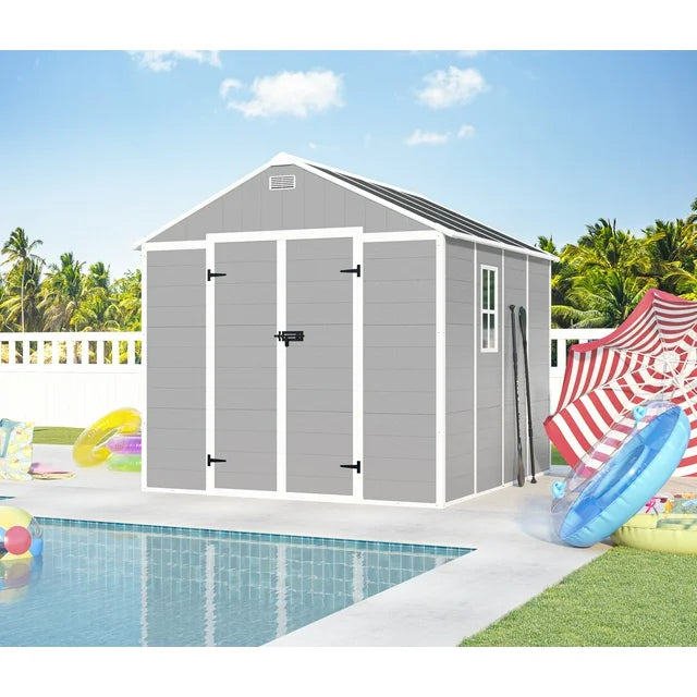 8x10FT Outdoor Shed, Extra Large Storage Shed Resin, Outside Storage for Garden Backyard, Double Doors, Double Windows, PP Splicing Floor, Heavy-duty Frame
