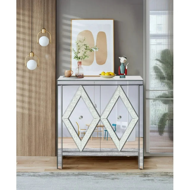 Storage Cabinet with Mirror Trim And Diamond Shape Design Spliced Combination for Living Room, Dining Room, Entryway, Kitchen