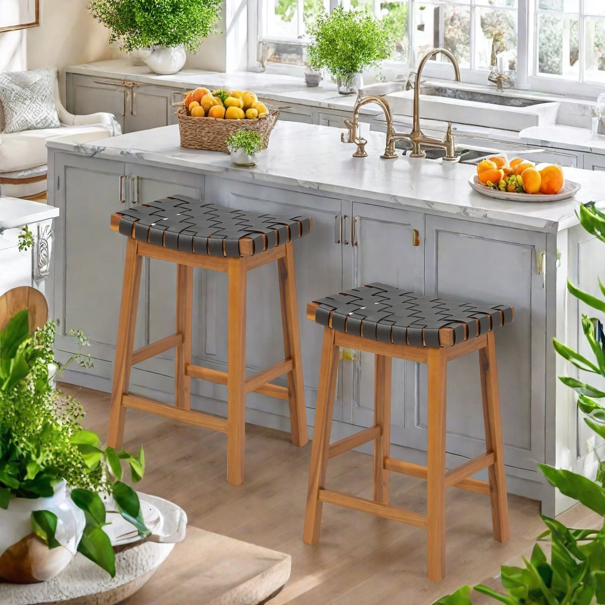 Counter Height Woven Saddle Bar Stool Set of 2 PU Leather Barstools for Kitchen Island, Outdoor Patio Dining Chair