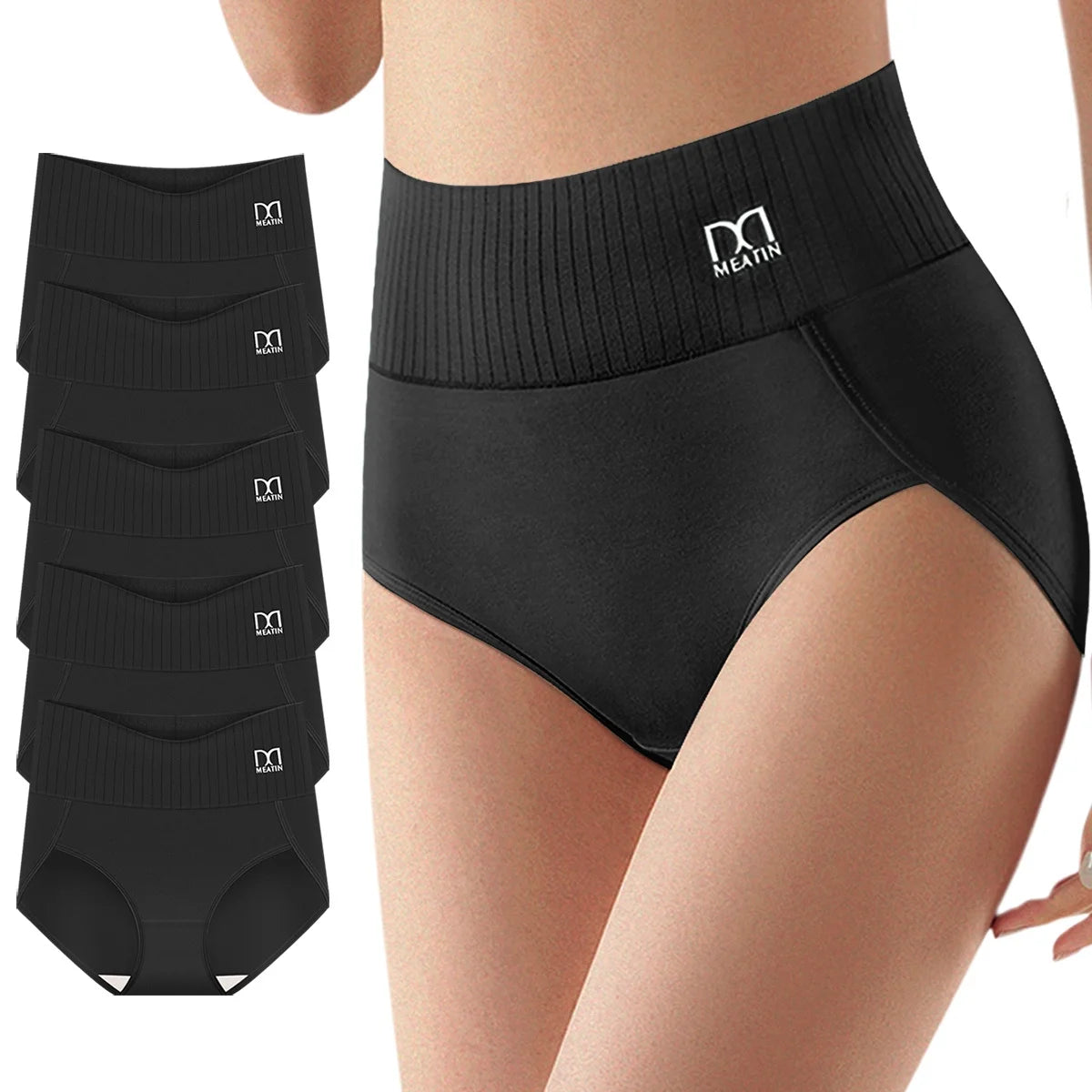 MEIYATING 5-Pack Women's High-Waist Briefs, Striped Comfortable Soft Panties, Elegant Style, Daily Essentials