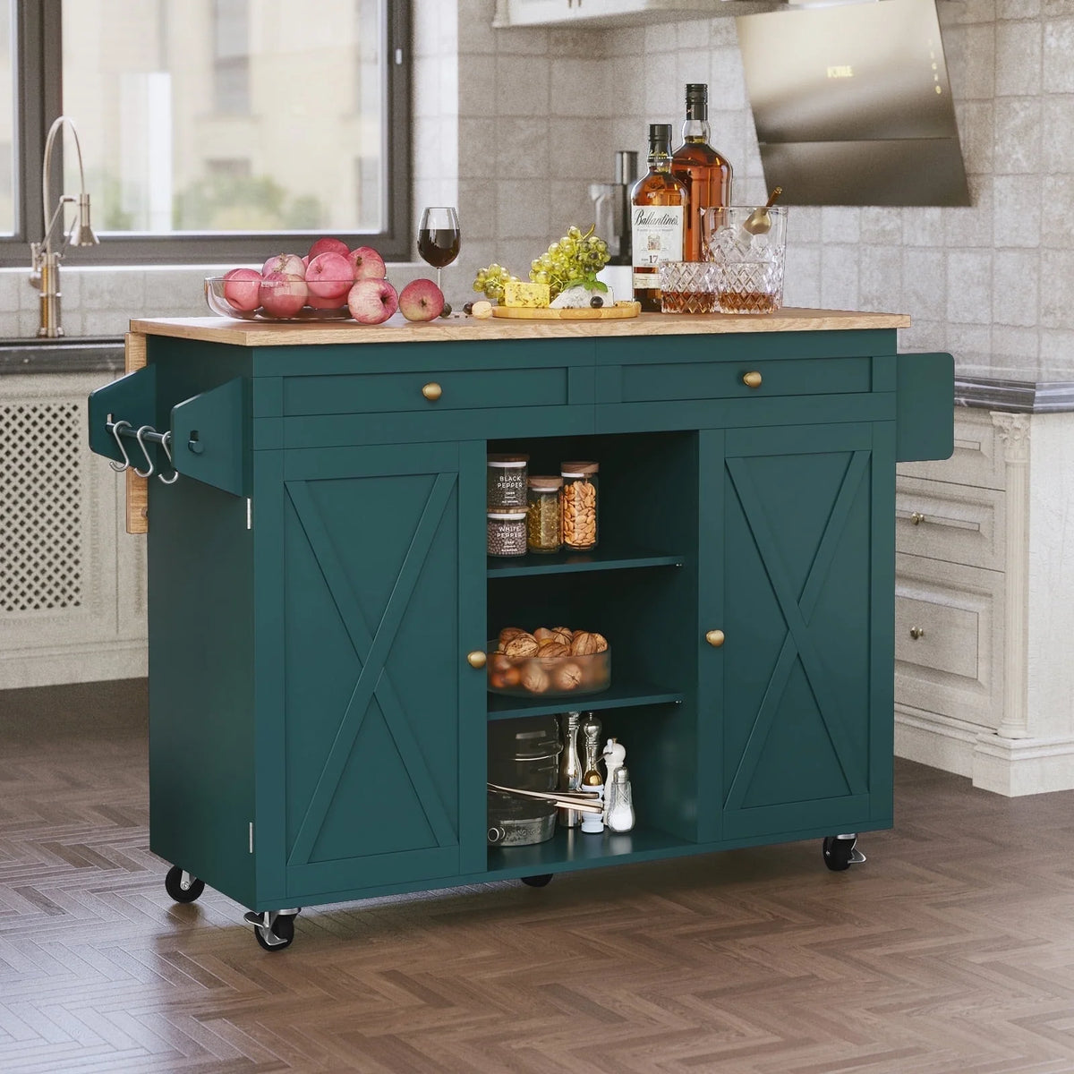 CBJCBJ 51.7" Rolling Kitchen Island Foldable, Adjustable Shelf & 2 Storage Doors - Mobile Kitchen Cart, Breakfast Bar with Storage (Green)