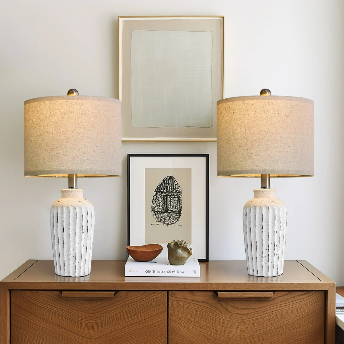Yokila 20" White Ceramic Table Lamp Set of 2 for Living Room Bedroom Modern Bedside Nightstand Lamps with Lamp Shade