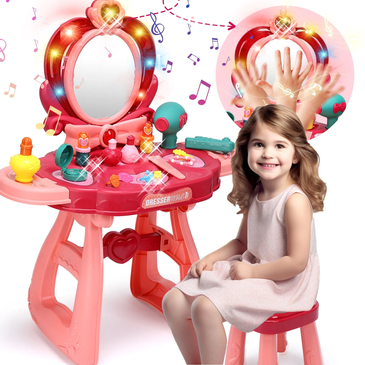 JoyStone Toddler Vanity Set, Pretend Princess Girls Vanity Table with Mirror, Cosmetics and Hair Dryer, Kids Vanity Table and Chair Set for 2 3 4 5 Year Old Girls (Pink)