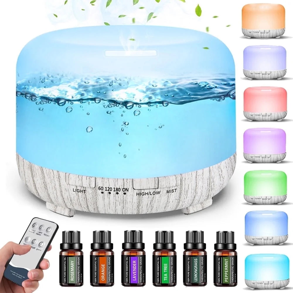 Fimilo 500ml Essential Oil Diffuser with 6*10ml Essential Oils Set, Upgraded White Wood Color Base Flower Aromatherapy Diffusers with Remote Control, Aroma Diffuser for Home Office