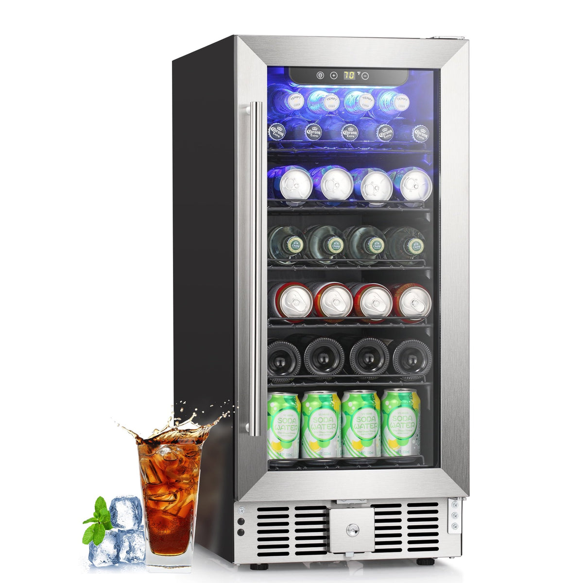 Auseo 15'' 2.9Cu.ft. Beverage Refrigerator Cooler, Under Counter with 125 Cans Built-in Beverage Fridge with Stainless Steel Frame & Handle & Door Lock