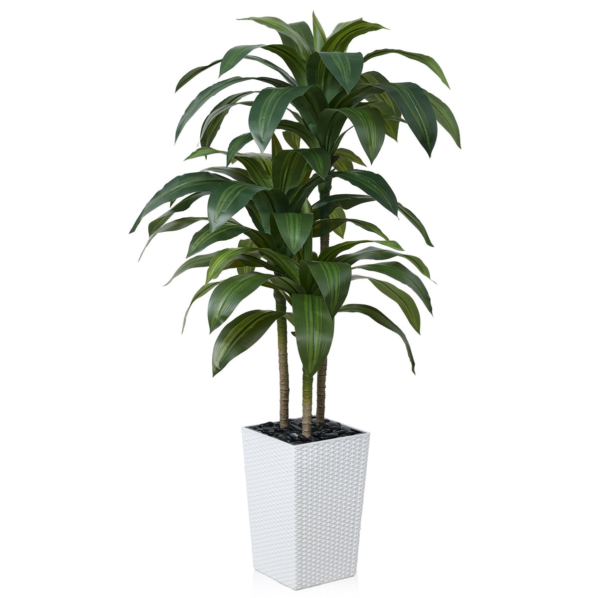 DR.Planzen Artificial Dracaena Tree 5ft - UV Protected Faux Dracaena Plant with 57 Green Leaves, Fake Tree for Indoor Outdoor Use, Sturdy Tall White Planter with River Stones