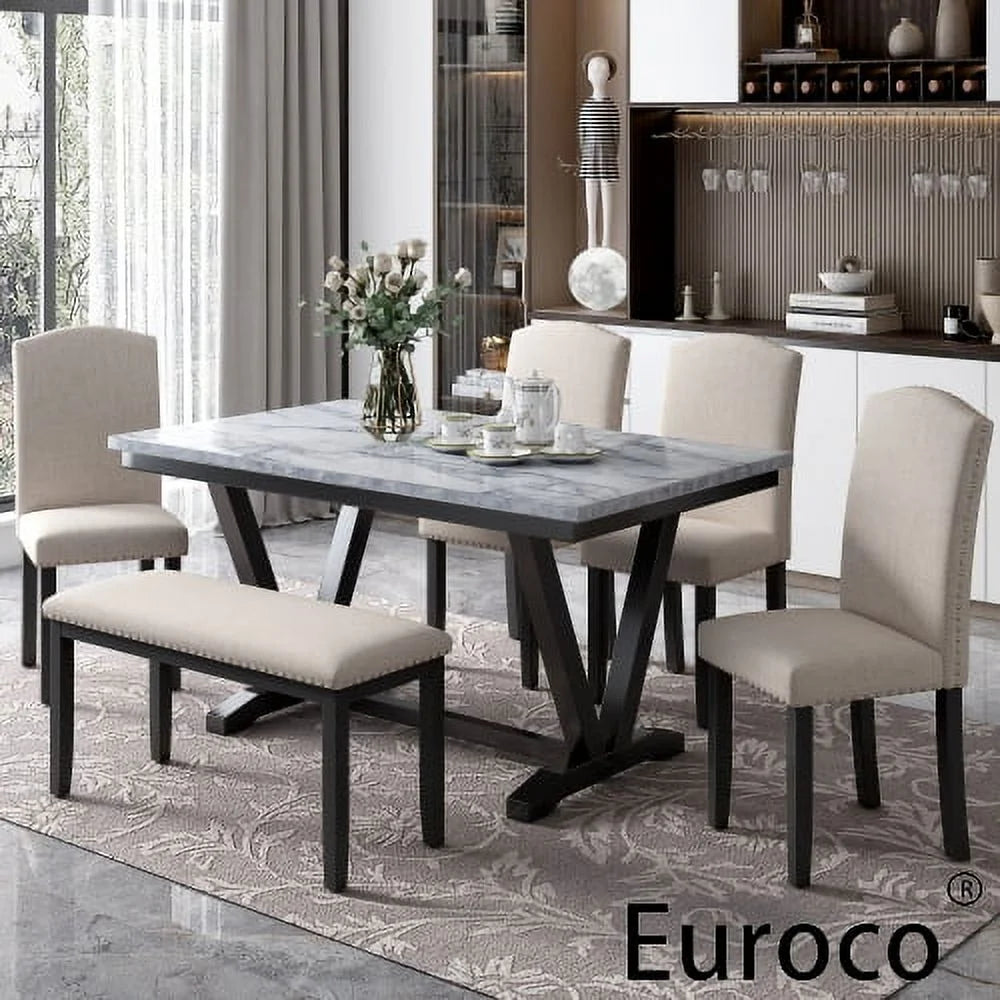 EUROCO 60" 6-Piece Dining Table Set,Dining Room Set with Marbled Tabletop,V-shaped Table Legs,Bench and 4 Cushioned Chairs,Solid Wood Rectangular Table and Chair Set, Kitchen Table Set