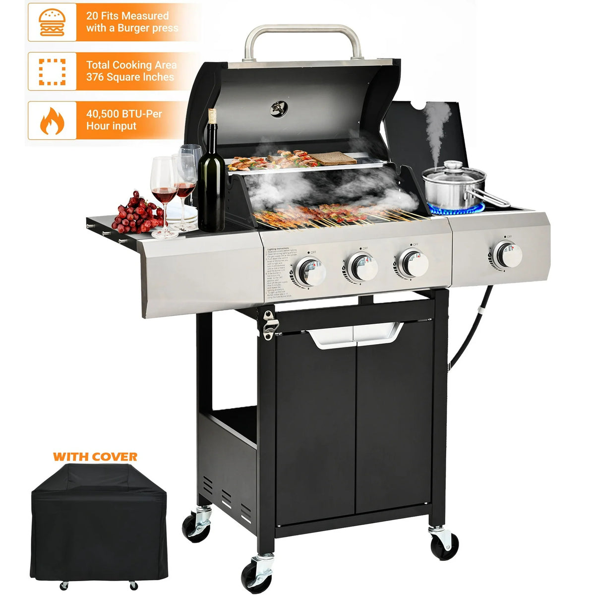 40,500BTU Powerful Grill with Cover, Propane Gas Grill Stainless Steel for Outdoor Camping BBQ Grill on Wheels Portable for Patio Poolside RV