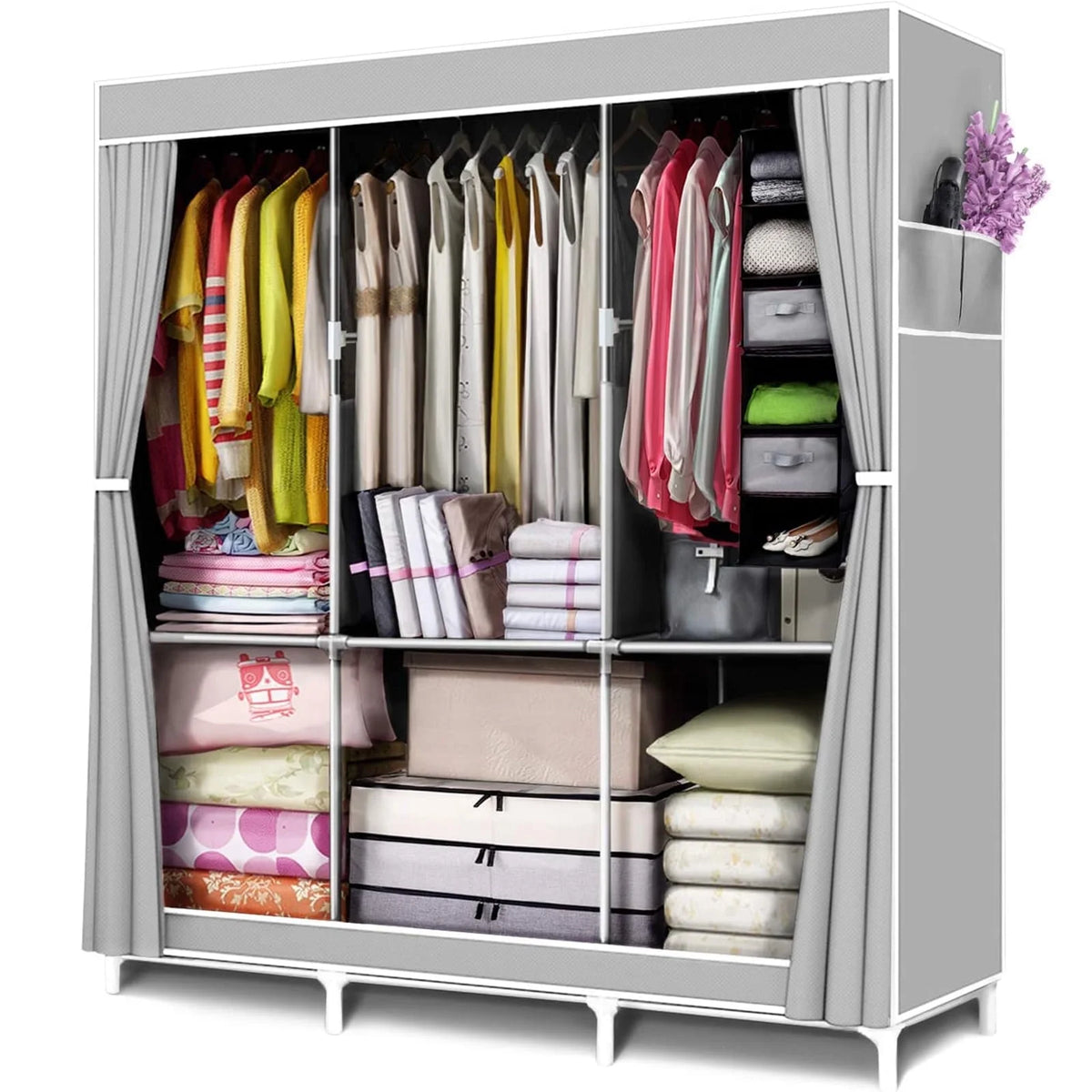 Portable Closet Organizer and Storage with 3 Hanging Rods for Hanging Clothes, 6 Wardrobe Closet Storage Shelves for Bedroom, Easy to Assemble, Grey