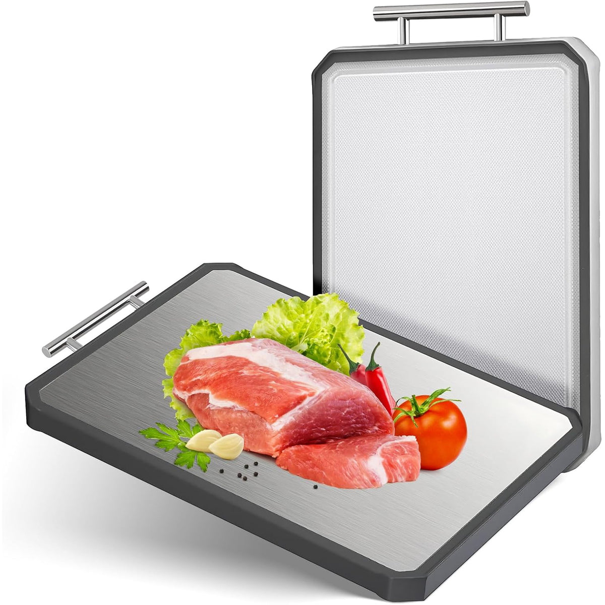 Stainless Steel Cutting Board,Double Sided Steel Cutting Board for kitchen,Stainless Steel/Wheat straw pp Large Cutting Board for meat,Dishwasher Safe,non toxic Chopping Board,16 * 11 Inch