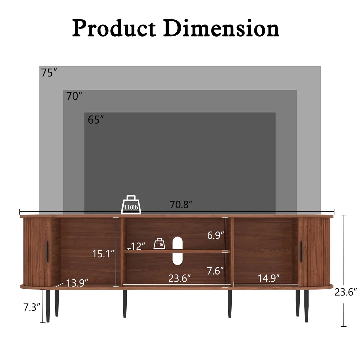 CBJCBJ 70" Modern Tambour Door TV Stand up to 80" TVs, Entertainment Center with Storage, Fluted Television Consoles for Living Room(Brown)