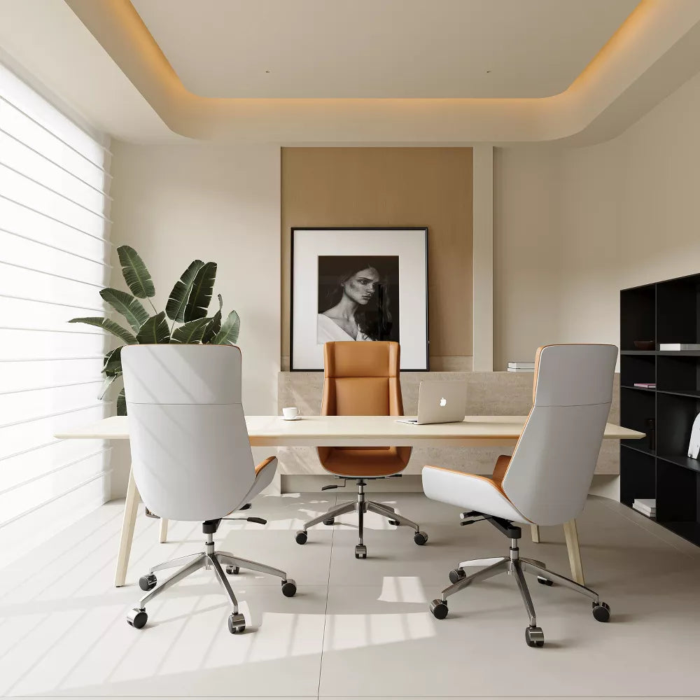 Tree City- High Back Executive Office Chair with Walnut Bent Wood Back and Faux Leather Seat – Swivel & Rolling Base