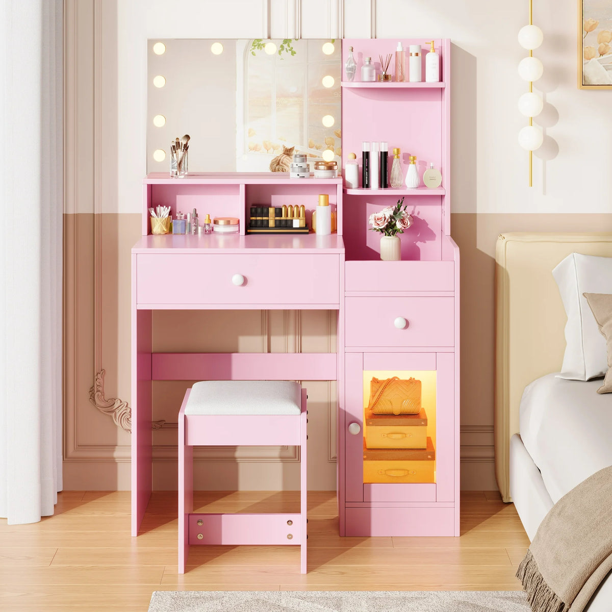 Sesslife Makeup Vanity Set with Bulbs Mirror, Dressing Table with LED Cabinet, Vanity Set for Girls, Women, Pink