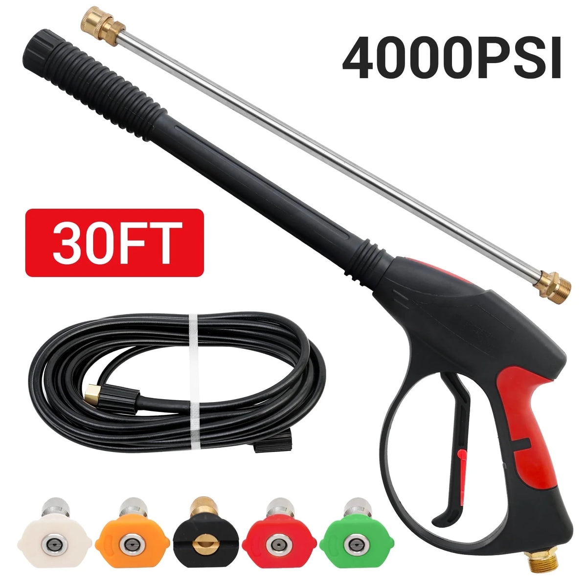 High Pressure Washer Gun 4000psi, High Pressure Spray Gun with 5 Quick Connect Nozzles 30ft Hose, Car Wash Foam Spray Short Wand w/ Nozzle M22-14mm Black