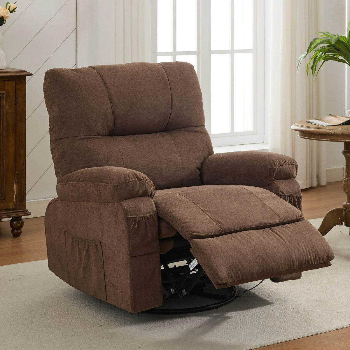 PAPROOS Swivel Rocking Recliner Chair, Linen Fabric Rocking Chair with Cup Holders and Side Pocket, 360 Degree Rotating Swing Recliner Sofa, Brown