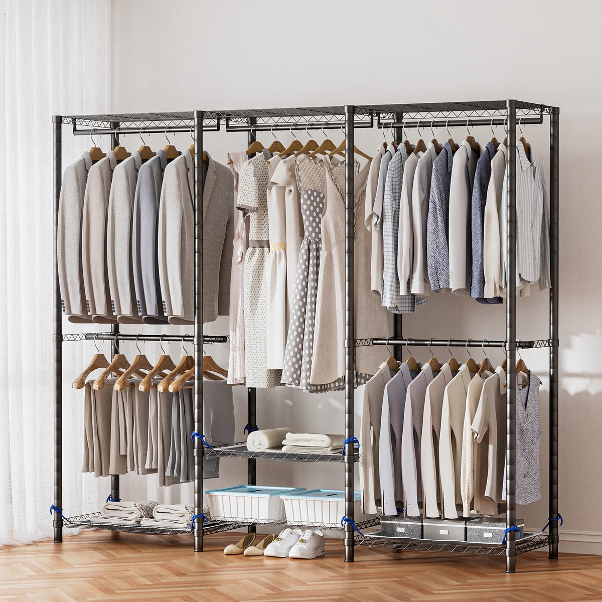 Baokaler Portable Closet Wardrobe 800LBS Heavy Duty Wire Garment Rack with Gray Fabric Cover, Metal Clothes Rack Freestanding Closet Organizer Portable Adjustable Wardrobe for Bedroom, Black