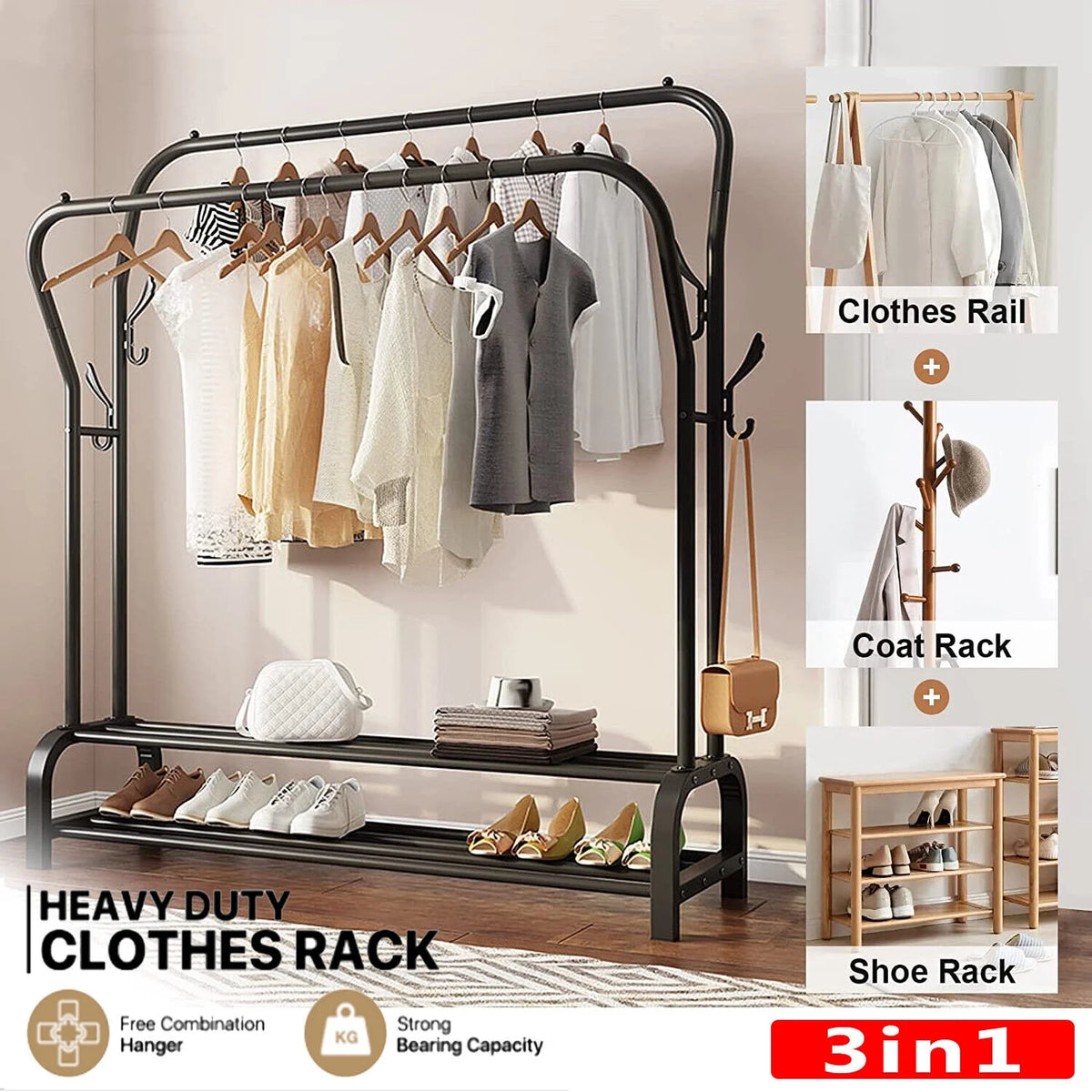 Heavy Duty Clothing Garment Rack, Freestanding Hanger Double Rail Clothing Rack Multi-functional Bedroom Wardrobe Clothes Organizer Stand Double layer 2 Shoe Shelves