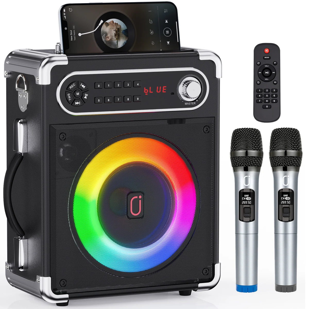 FanFun Bluetooth Speaker with Lights, 12H Playing Time Portable Speaker with Subwoofer/Tweeter, PA System Speaker with Two Wireless Microphones for Home Party, Black