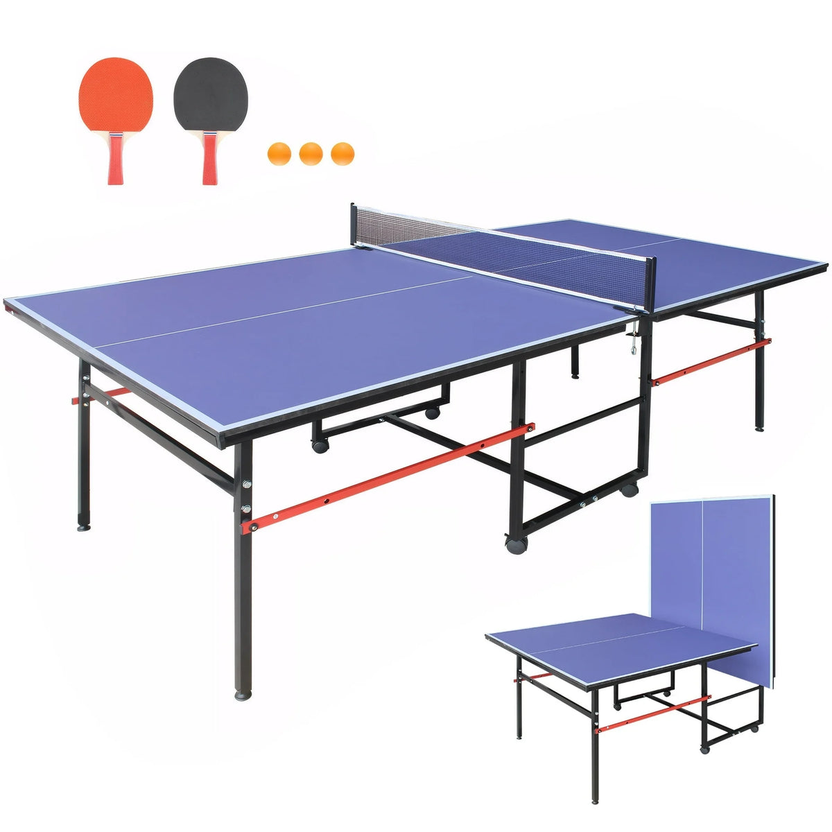 8ft Midsize Outdoor Ping Pong Table Set, SEGMART Foldable Tennis Table with Net, 2 Ping Pong Paddles, 3 Balls for Adults and Kids, Portable Table for Indoor Outdoor Game, Blue
