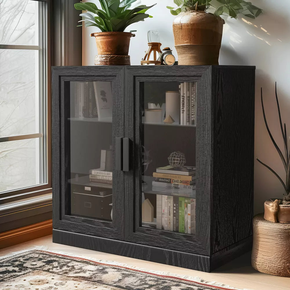 Dovelina Wooden 3 Shelf Bookcase Cabinet Decorative Bookshelf with Glass Doors and Adjustable Partitions