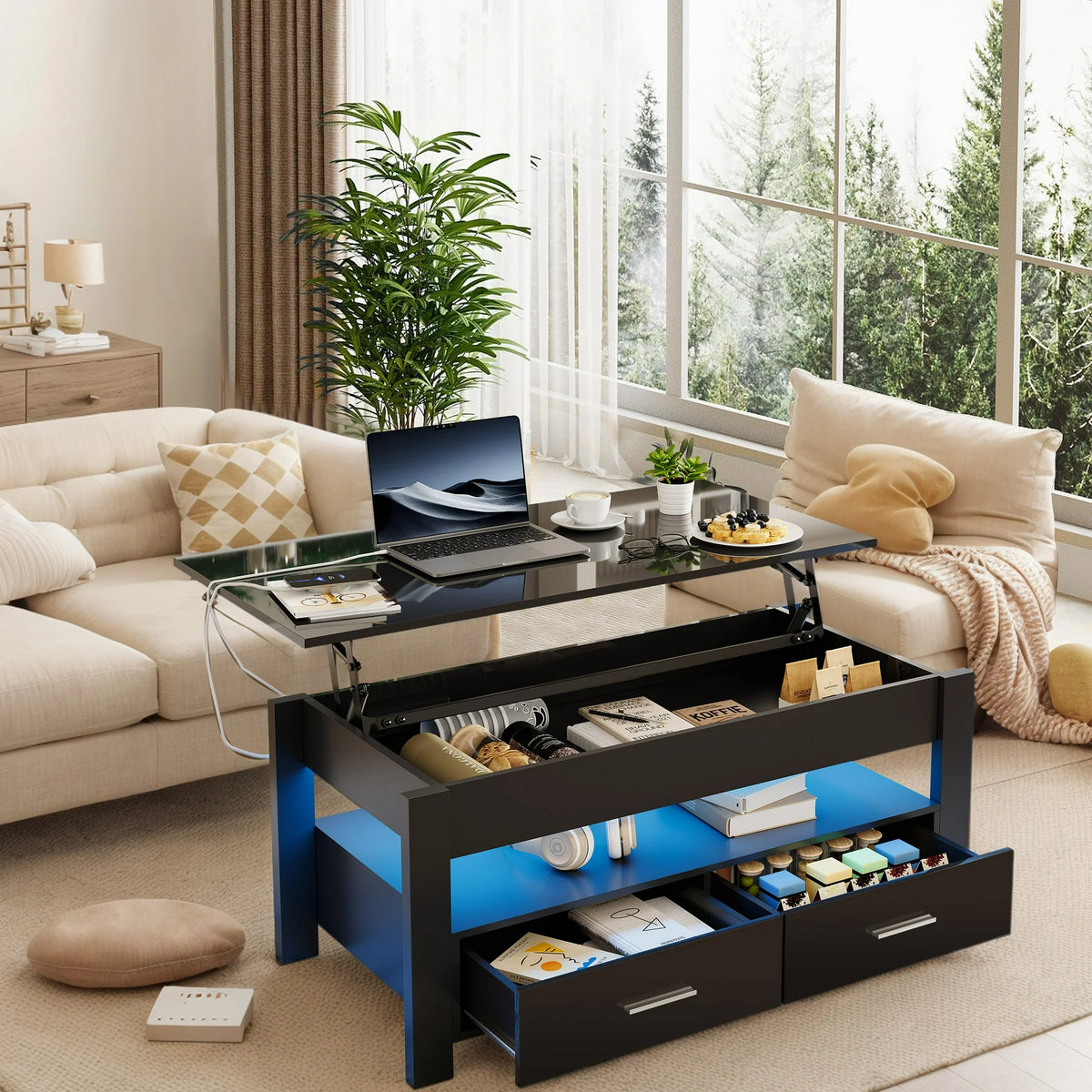 Sesslife Lift Top Coffee Table with Storage, LED Coffee Table with 2 Drawers and Hidden Compartment, High Gloss Rectangular Modern Center Table with Charging Station for Living Room, Black