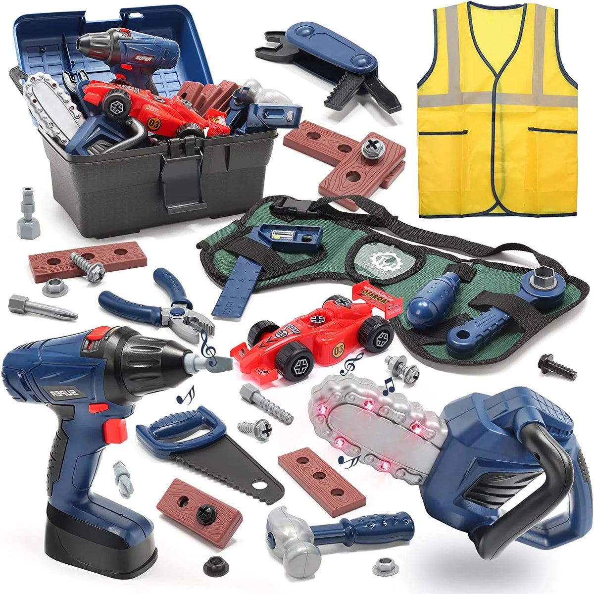 JoyStone 47 PCS Kids Pretend Play Tool Sets, ABS Play Tools Box with Electric Power Toy Drill & Chainsaw for Toddles Boys