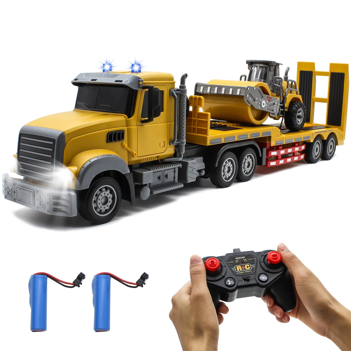 RC Semi Truck with Trailer, 1:24 Semi-Trailer Engineering Tractor with Road Roller Toys, 2.4GRemote Control Flatbed Truck with with LED Lights & Music, Construction Vehicles Toy for Boys