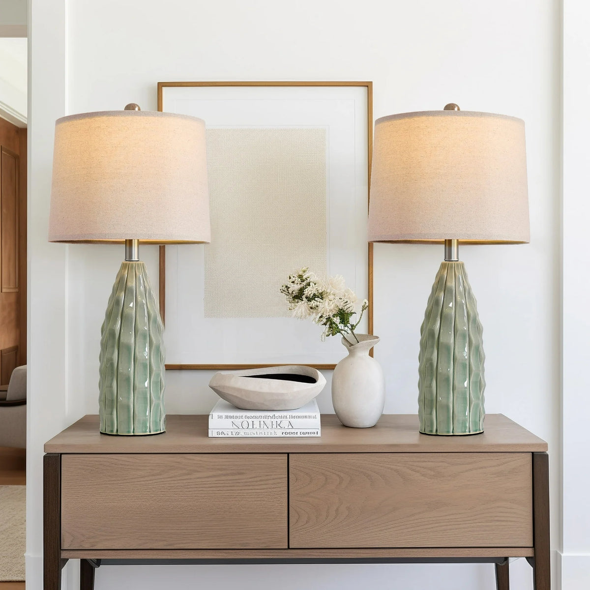 Yokila Green Ceramic Table Lamps Set of 2 for Living Room Bedroom 23.75" Modern Bedside Nightstand Lamps